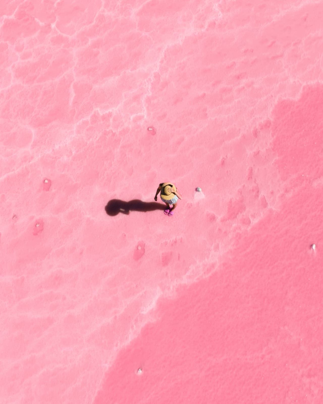 Aerial view of a person on a pink lake
