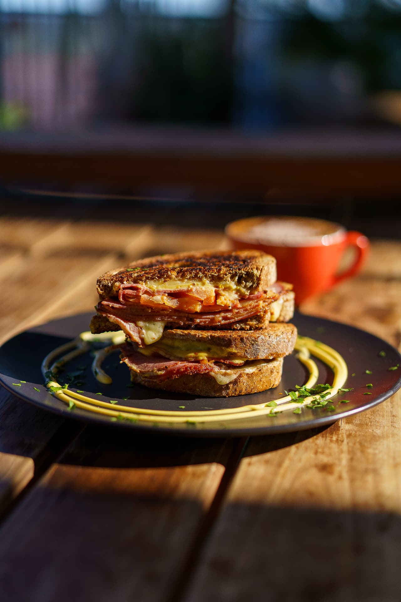 Stacked grilled sandwich with coffee