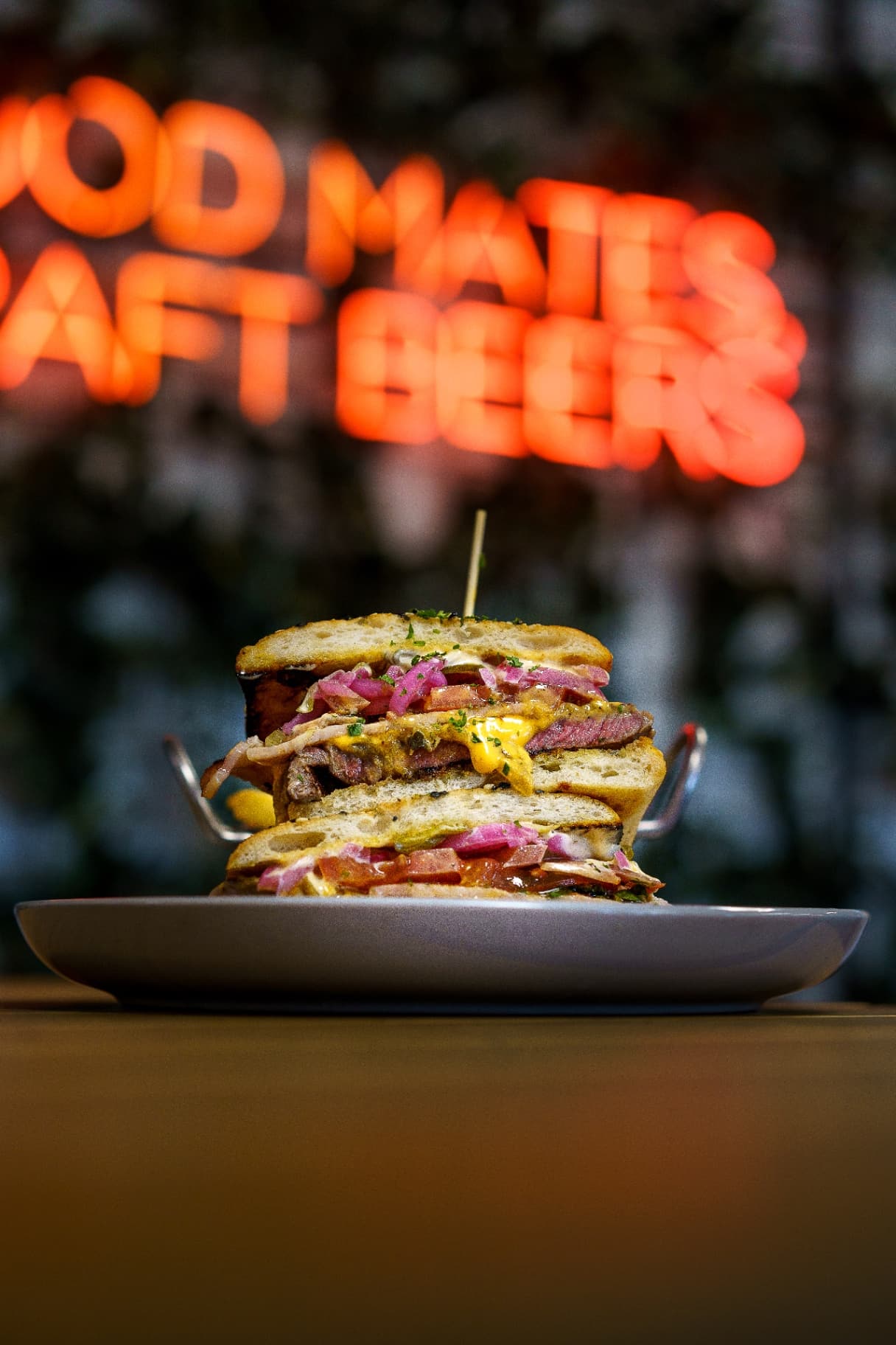 Stacked sandwich at the craft beer bar